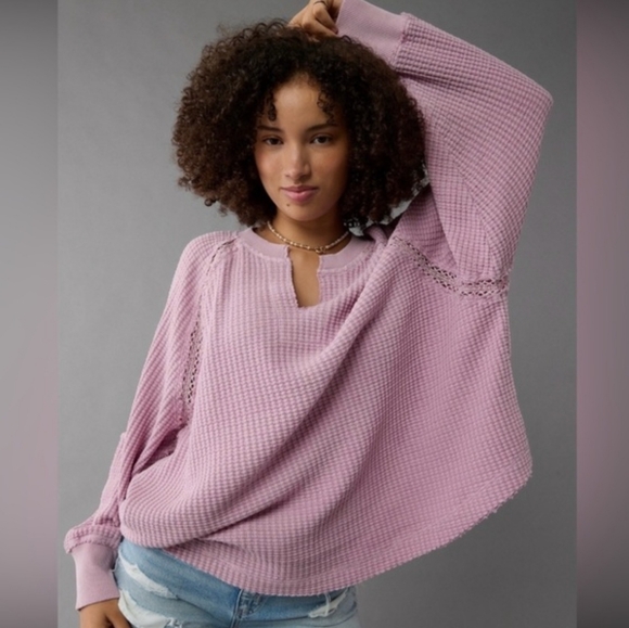 American Eagle Big Hug Notched Waffle Knit Oversized Top - Picture 1 of 11